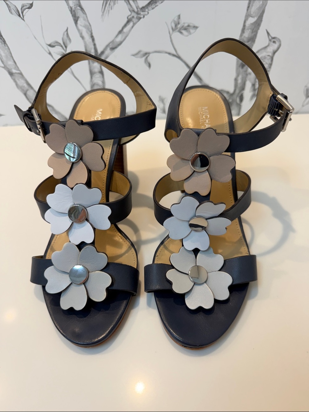 Michael Kors Black Sandals with Taupe and Light Blue Floral Appliqués